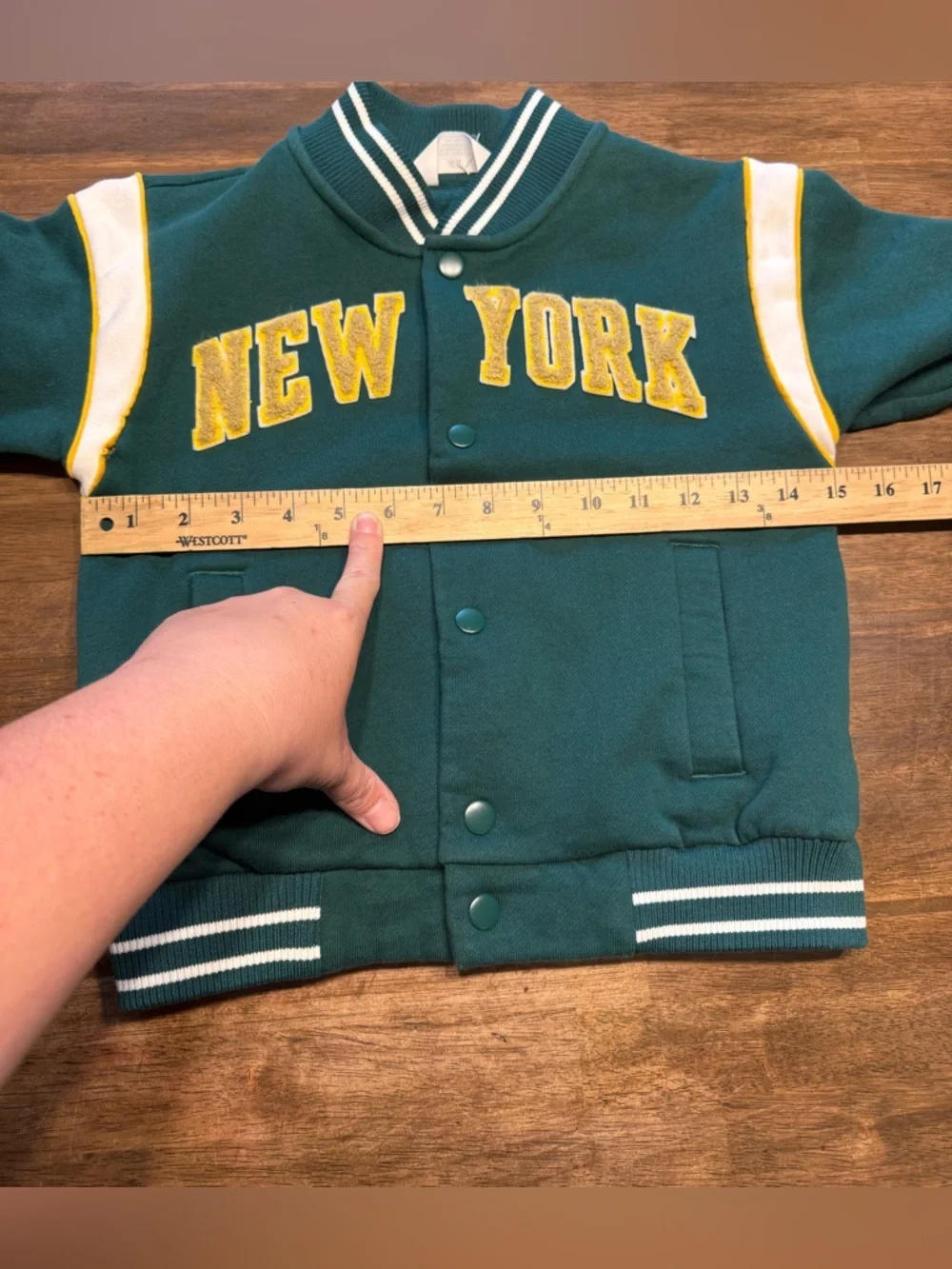 H&M Kids Dark Green & White Snap Button Varsity New York Jacket SZ 5T/6 Sporty